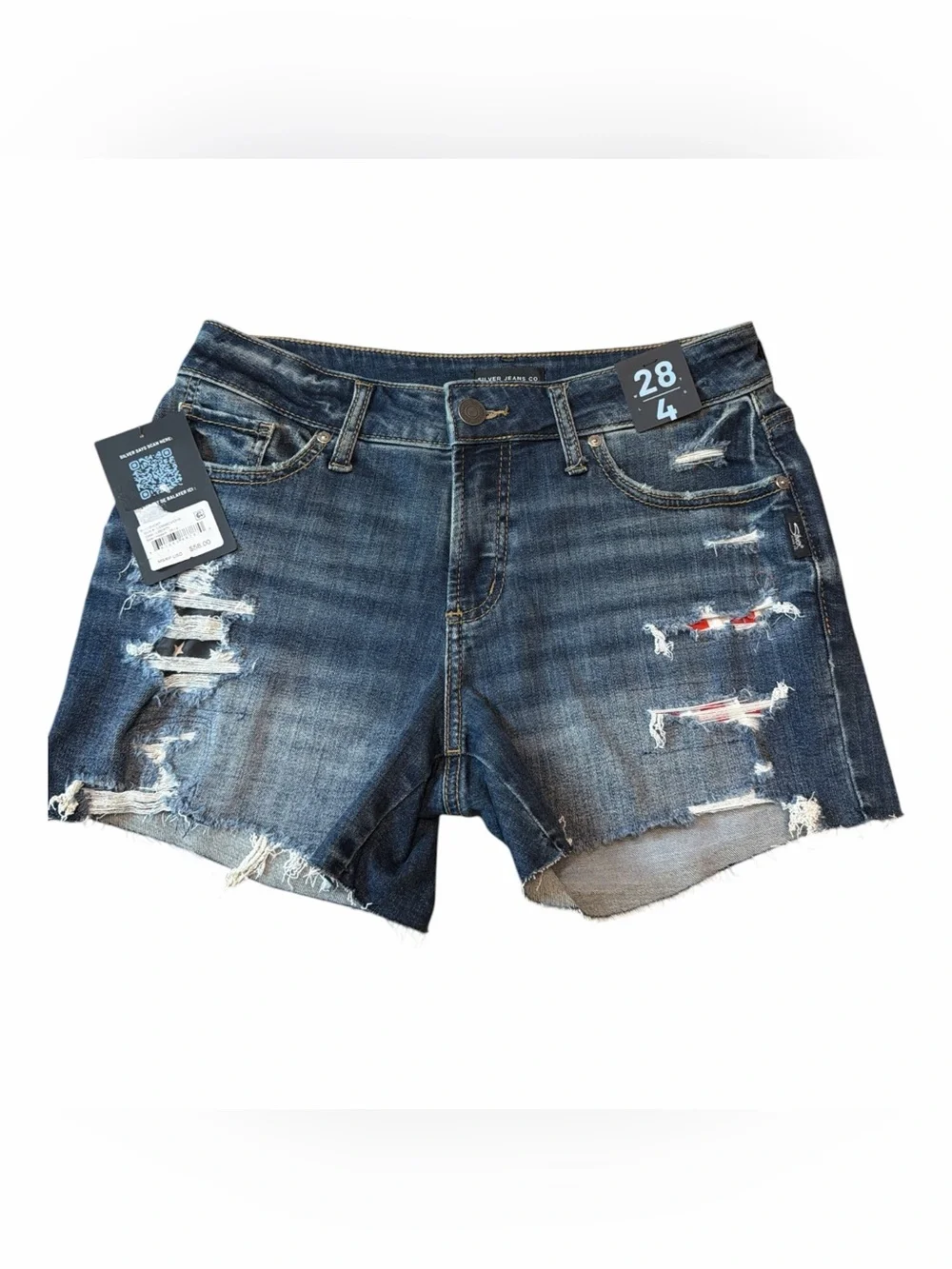 Silver Jeans Suki Shorts W28 NWT Distressed Flag Patch Raw Hem Denim